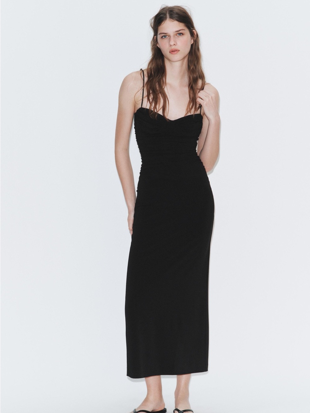 Zara Black Ruched Slip Maxi Dress - Women